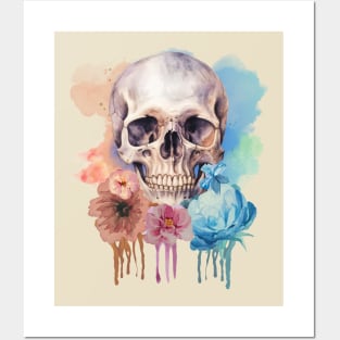 watercolor floral skull Posters and Art